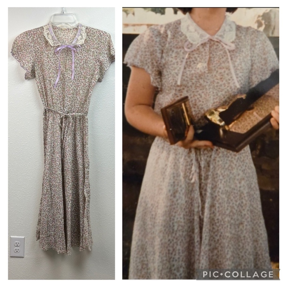 80s vintage semi sheer floral print dress. Lace collar stretch waist A line.